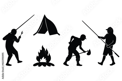 Silhouettes of people camping and working outdoors