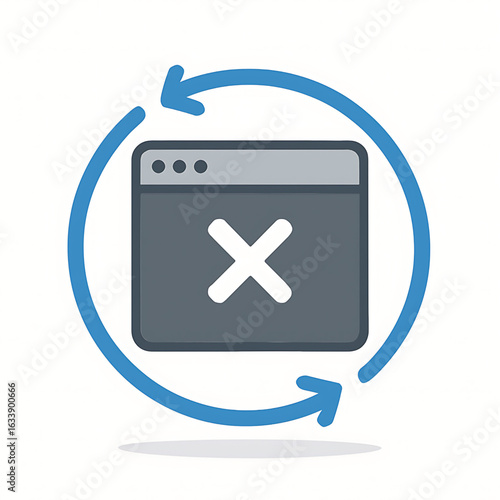 Vector illustration of website with cross mark and round arrows. Symbol of clogged cache.