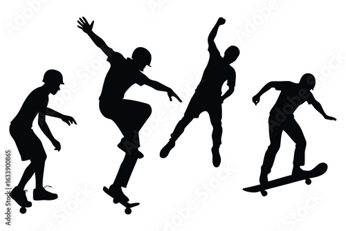 Four silhouettes of skateboarders performing tricks