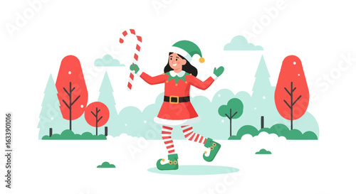 Joyful Christmas Elf Girl Holding Candy Cane In Winter Wonderland Landscape