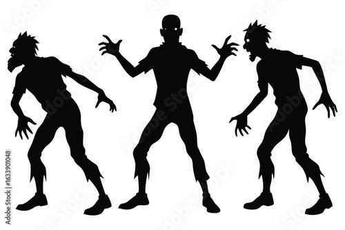 Three silhouette zombies walking towards the viewer