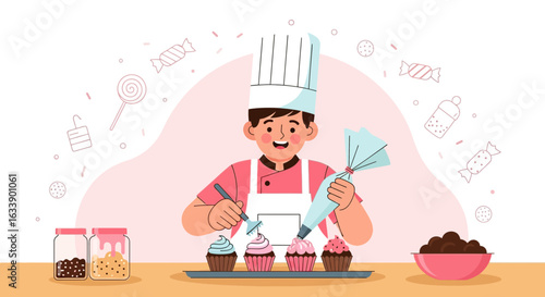 Joyful Confectioner Decorating Delicious Cupcakes with Sweet Toppings and Confectionery Delights