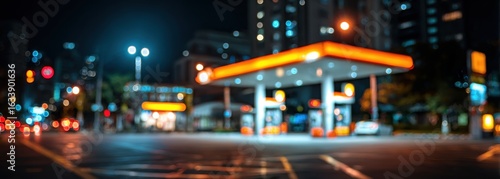Blurred night view of a gas station in a city