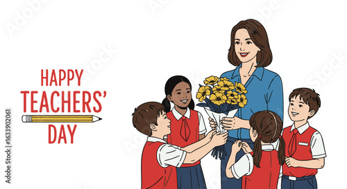 Happy Teachers Day Diverse Group of Students with Teacher and Gifts