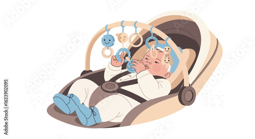Joyful Infant Engaged With Mobile In Car Seat Conveying Comfort And Development