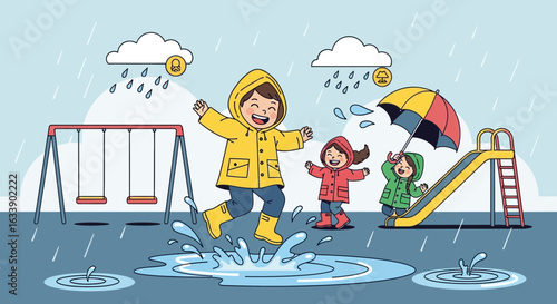 Joyful Kids Playing Merrily in Rain Puddles at the Playground