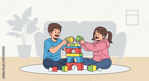 Joyful Siblings Constructing Colorful Tower Together At Home In Happy Atmosphere