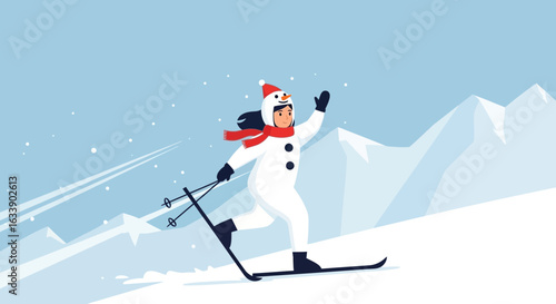 Joyful Snowman Skier Gliding Down Snowy Mountain Slope During Winter Season