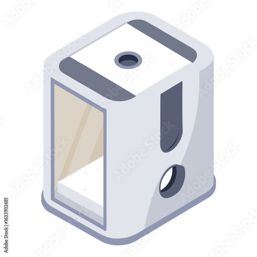 A small, white plastic pencil sharpener with a transparent shavings container, a basic school supply item on a clean white surface.