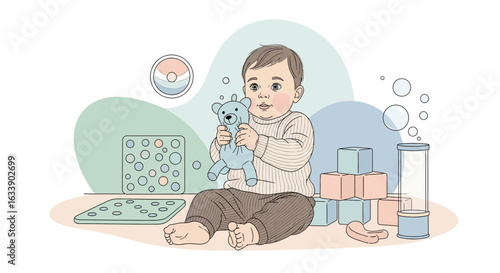 Joyful Toddler Engaged In Playtime With Favorite Stuffed Bear And Building Blocks