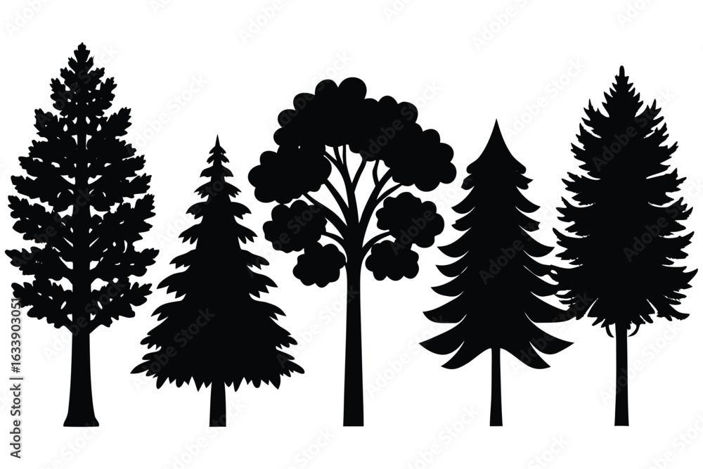Fototapeta premium Collection of diverse tree silhouettes in black and white