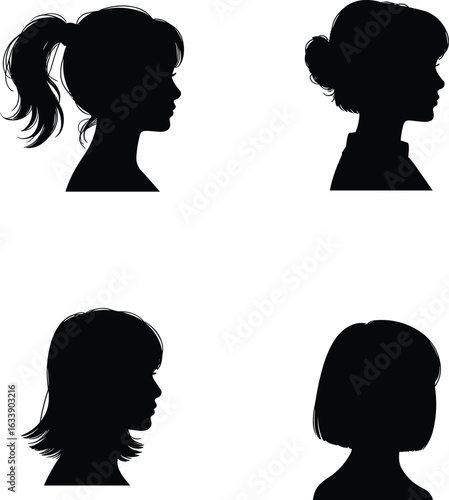 Female hairstyle silhouettes, ponytail, bun, bob, layered cut, hair fashion icons, beauty profile vector, haircut styles, character design elements, black heads illustration