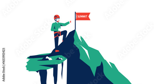 Man Climbing Mountain Reaching Summit As Symbol For Leadership And Success