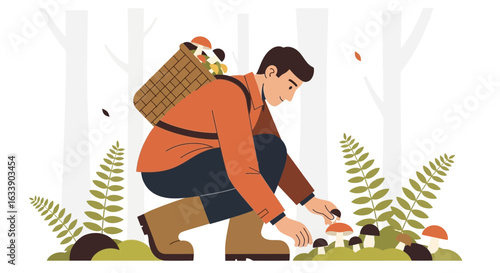 Man Collecting Mushrooms In Forest With Basket On Back Vector Illustration