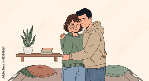 Man Comforting Sad Woman In Room With Books And Plant Illustration
