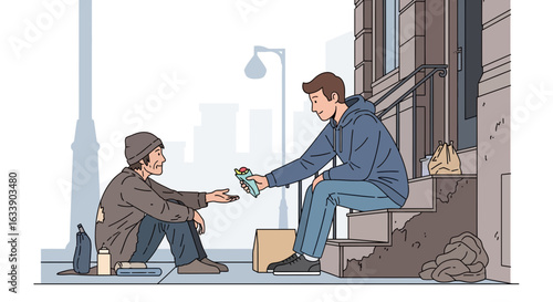 Kind Young Man Offering Food to A Homeless Person Sitting on Street