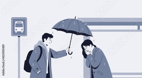 Kind Young Man Offering Protection From Rain To Sad Woman At Bus Stop