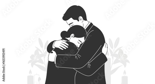 Man Comforting Woman In Grief With Embrace And Support At Funeral