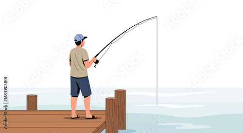 Man Enjoying Fishing From A Wooden Pier On A Bright Day Graphic Style Illustration