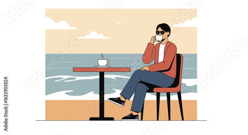 Man Enjoying Coffee With Serene Ocean View For a Relaxing Moment