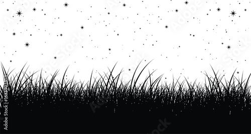 A stylized black silhouette of grass under a starry sky evokes a serene, nocturnal scene, perfect for nature-themed designs and artistic projects.