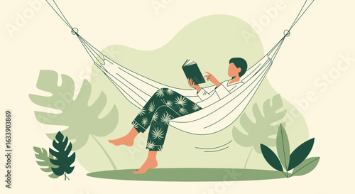 Man Enjoying Leisure Time Reading Book Relaxing in a Hammock Surrounded by Tropical Plants