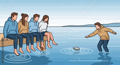 Leisurely Day Friends Enjoying The Lake Together Stone Skipping Illustration