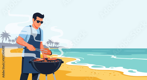 Man Enjoying Summer Vacation Grilling Meat At Beachside Cookout