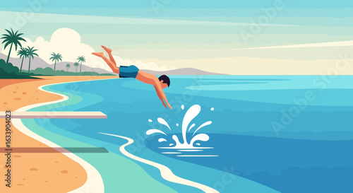 Man Enjoying Summer Vacation Diving Into Clear Blue Ocean From Diving Board