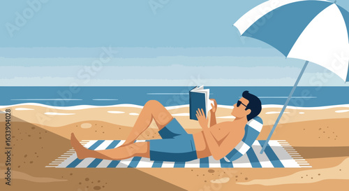 Man Enjoying Summer Vacation Read Book Under Umbrella On Tropical Sandy Beach