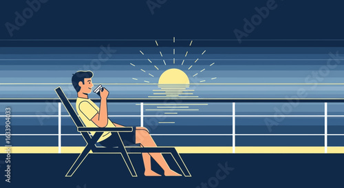 Man Enjoying Sunrise On Cruise Deck With Beverage In Hand