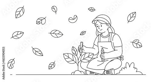 Line Art Illustration Of Woman Planting Tree With Marker And Coloring Tools