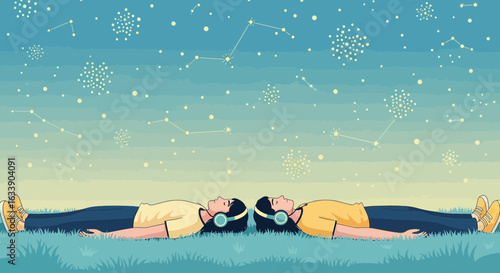 Listening To Music Under Starry Sky In Summer Night Illustration