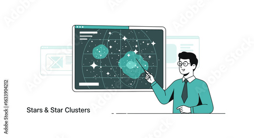 Man Explaining Astronomy Points Star Clusters on Screen in Class
