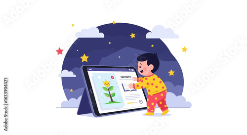 Little Boy Learning About Growth With Digital Tablet at Night