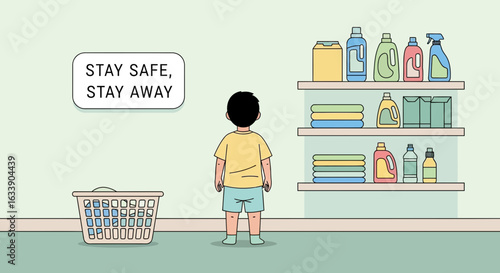 Little Boy Observing Laundry Supplies And Safety Sign In Cleaning Room