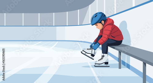 Little Boy Preparing To Ice Skate At The Ice Rink Indoors