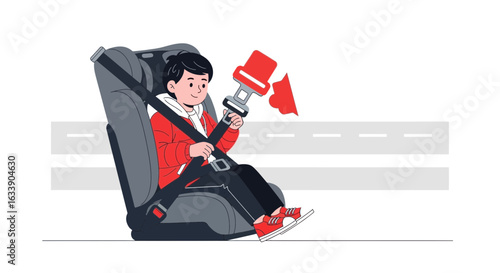 Little Boy Safely Buckled Inside Car Seat During A Road Trip