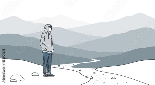 Man In Hoodie Gazing At Distant Mountains Scenery Calm Ambience Minimalist Design