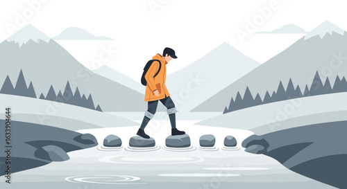 Man In Nature Crossing River On Stones Enjoying The Peaceful Landscape