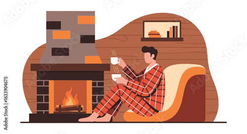 Man In Pajamas Enjoying Warm Coffee In Front Of Cozy Fireplace