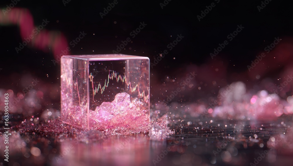 Fototapeta premium Transparent cube, stock chart, pink crystals