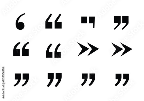 Collection of quotation mark symbols and directional arrows isolated on a white background, representing communication and text elements