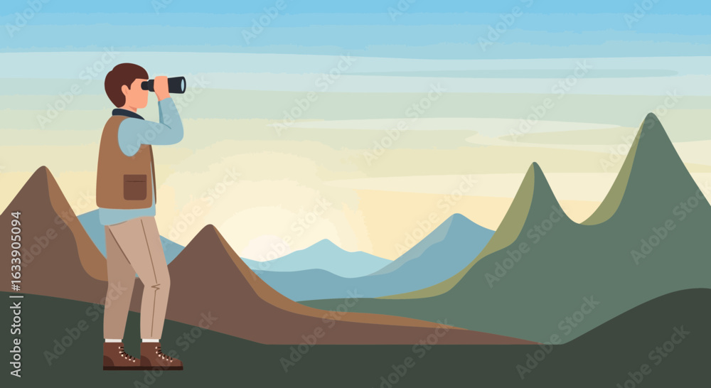 Fototapeta premium Man Looks Through Binoculars At Distant Mountains For Adventure Traveling