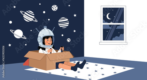 Little Girl Imagining Herself as an Astronaut Exploring the Space in Cardboard Box