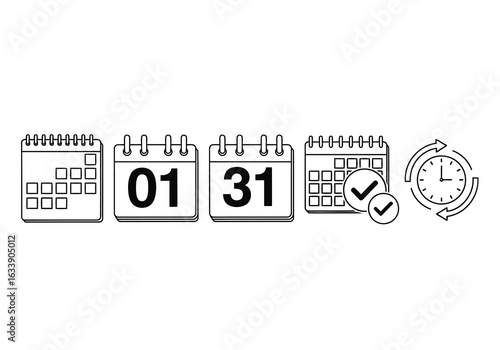 Set of calendar icons representing dates, schedules, and time management with checkmarks and a clock indicating progress and completion isolated on white background