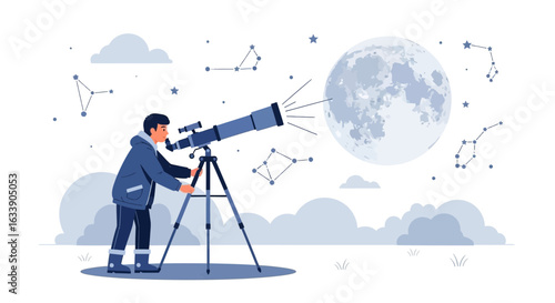 Man Looks At The Moon And Stars Through A Big Telescope At Night