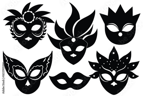 Collection of black and white venetian masquerade masks and a mouth