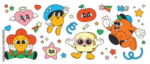 Cute cartoon groovy element vector. Collection of cartoon characters, doodle smile face, flower, apple, orange, heart, bread, mushroom. Retro groovy hippie design for decorative, sticker.