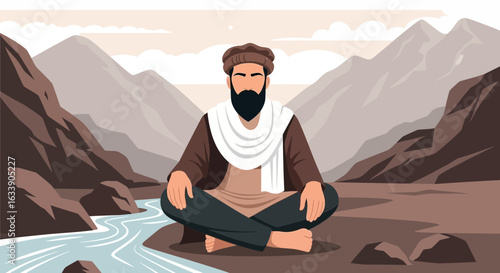 Man Meditating Peacefully In Mountainous Nature Scenery for Wellness Content